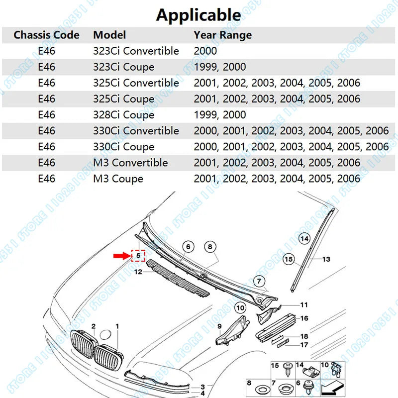 BMW E46 2 Door Coupe Windshield Wiper Cowl. RHD 51718232896